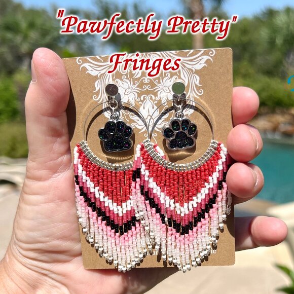 Handmade Beaded Long Fringe Paw Love Dangle Drop Lightweight Post Hoop Earrings - Picture 9 of 9